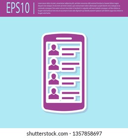 Retro purple Smartphone with contacts on screen icon isolated on turquoise background. Incoming call. People on phone screen. Call contact. Flat design. Vector Illustration