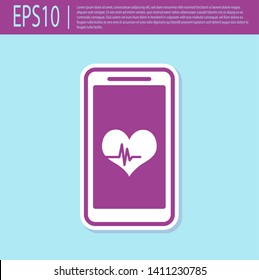 Retro purple Smartphone with heart rate monitor function icon isolated on turquoise background. Vector Illustration