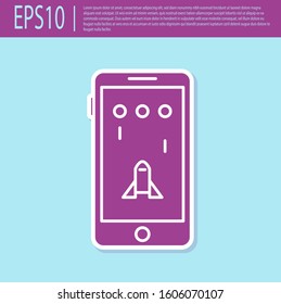 Retro purple Smartphone and playing in game icon isolated on turquoise background. Mobile gaming concept.  Vector Illustration