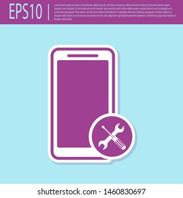 Retro purple Smartphone with screwdriver and wrench icon isolated on turquoise background. Adjusting, service, setting, maintenance, repair, fixing.  Vector Illustration