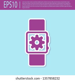 Retro purple Smartwatch setting icon isolated on turquoise background. Smart watch settings. Flat design. Vector Illustration