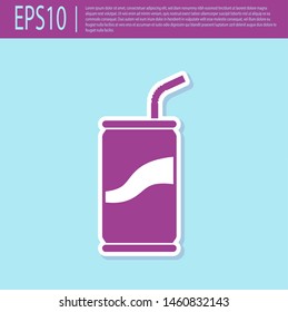 Retro purple Soda can with drinking straw icon isolated on turquoise background. Vector Illustration