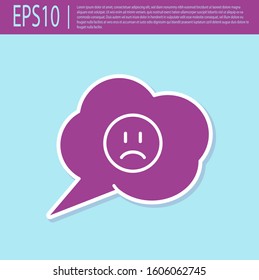 Retro purple Speech bubble with sad smile icon isolated on turquoise background. Emoticon face.  Vector Illustration