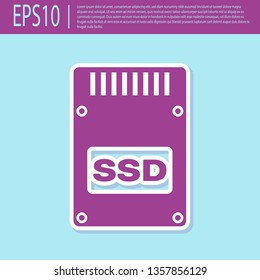 Retro purple SSD card icon isolated on turquoise background. Solid state drive sign. Storage disk symbol. Flat design. Vector Illustration