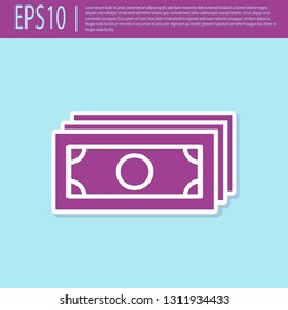 Retro purple Stacks paper money cash icon isolated on turquoise background. Money banknotes stacks. Bill currency. Flat design. Vector Illustration