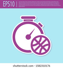 Retro purple Stopwatch with basketball ball inside icon isolated on turquoise background. Basketball time. Sport and training.  Vector Illustration