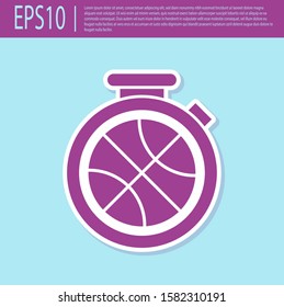Retro purple Stopwatch with basketball ball inside icon isolated on turquoise background. Basketball time. Sport and training.  Vector Illustration