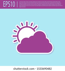 Retro purple Sun and cloud weather icon isolated on turquoise background.  Vector Illustration