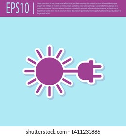 Retro purple Sun with electric plug icon isolated on turquoise background. Energy saving concept. Vector Illustration
