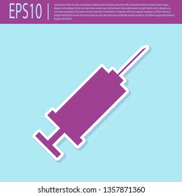 Retro purple Syringe icon isolated on turquoise background. Syringe for vaccine, vaccination, injection, flu shot. Medical equipment. Vector Illustration