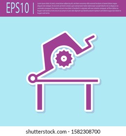 Retro purple Table saw for woodwork icon isolated on turquoise background. Power saw bench.  Vector Illustration