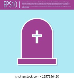 Retro purple Tombstone with cross icon isolated on turquoise background. Grave icon. Flat design. Vector Illustration