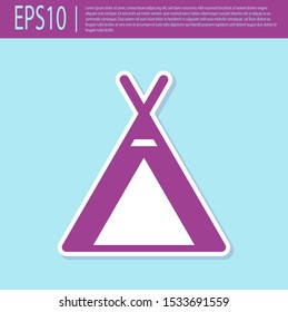 Retro purple Tourist tent icon isolated on turquoise background. Camping symbol.  Vector Illustration