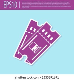 Retro purple Train ticket icon isolated on turquoise background. Travel by railway.  Vector Illustration
