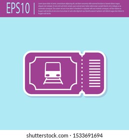 Retro purple Train ticket icon isolated on turquoise background. Travel by railway.  Vector Illustration