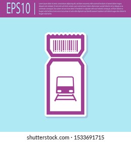 Retro purple Train ticket icon isolated on turquoise background. Travel by railway.  Vector Illustration