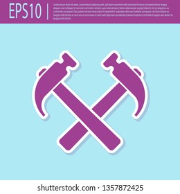 Retro purple Two crossed hammers icon isolated on turquoise background. Tool for repair. Flat design. Vector Illustration