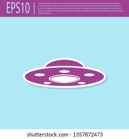 Retro purple UFO flying spaceship icon isolated on turquoise background. Flying saucer. Alien space ship. Futuristic unknown flying object. Flat design. Vector Illustration