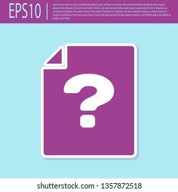 Retro purple Unknown document icon isolated on turquoise background. File with Question mark. Hold report, service and global search sign. Flat design. Vector Illustration