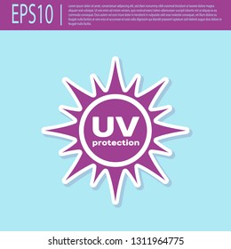 Retro purple UV protection icon isolated on turquoise background. Ultra violet rays radiation. SPF sun sign. Flat design. Vector Illustration