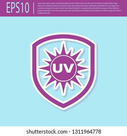 Retro purple UV protection icon isolated on turquoise background. Sun and shield. Ultra violet rays radiation. SPF sun sign. Flat design. Vector Illustration