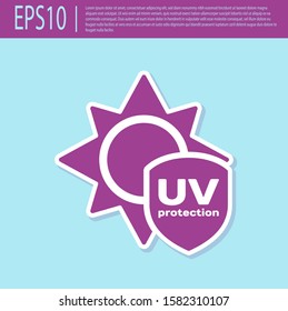 Retro purple UV protection icon isolated on turquoise background. Sun and shield. Ultra violet rays radiation. SPF sun sign.  Vector Illustration