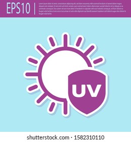 Retro purple UV protection icon isolated on turquoise background. Sun and shield. Ultra violet rays radiation. SPF sun sign.  Vector Illustration