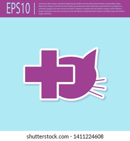 Retro purple Veterinary clinic symbol icon isolated on turquoise background. Cross with cat veterinary care. Pet First Aid sign. Vector Illustration