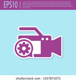 Retro purple Video camera and gear icon isolated on turquoise background. Adjusting app, service concept, setting options, maintenance, repair, fixing. Vector Illustration