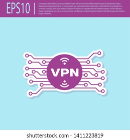 Retro purple VPN in circle with microchip circuit icon isolated on turquoise background. Vector Illustration