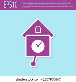 Retro purple Retro wall watch icon isolated on turquoise background. Cuckoo clock sign. Antique pendulum clock. Vector Illustration