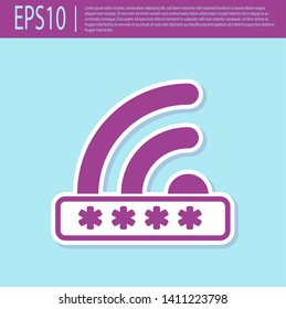 Retro purple Wifi locked sign icon isolated on turquoise background. Password wi-fi symbol. Wireless Network icon. Wifi zone. Limited access. Vector Illustration