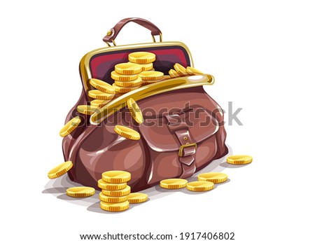 Retro purse. Bag with handle. Open full bag with gold coins inside. Isolated cartoon stock graphics. Eps10 vector illustration.