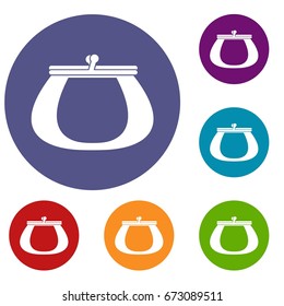 Retro purse icons set in flat circle reb, blue and green color for web