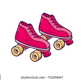 Retro quad roller skates icon isolated on white background. Pink and yellow color girl rollers in flat cartoon style for t-shirt or logo design