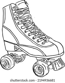 retro quad roller skates, sketch style, hand drawn illustration isolated on white background. Realistic hand drawn, sketch style quad roller skates with laces, Roller skates silhouette