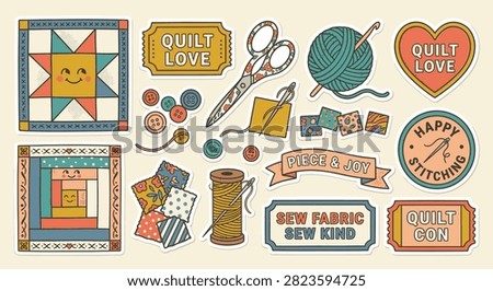 Retro quilting sticker sheet featuring vintage sewing illustrations, colorful quilt blocks, scissors, buttons, and thread spool icons with playful typography on cream background.