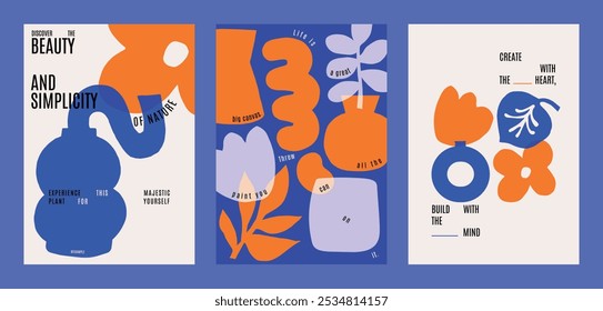 Retro quote template. Poster template vector in retro blue and orange. Abstract floral posters with bold colors. Creative with artistic floral elements. Vibrant floral vector poster template set. 