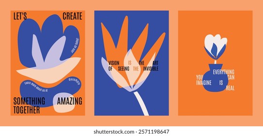 Retro quote template. Poster template vector in retro blue and orange. Abstract floral posters with bold colors. Creative with artistic floral elements. Vibrant floral vector poster template set. 