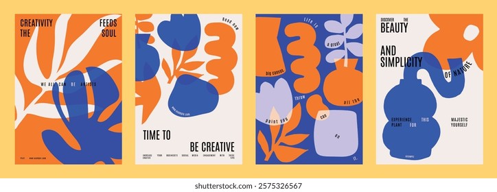 Retro quote template. Poster template vector in retro blue and orange. Abstract floral posters with bold colors. Creative with artistic floral elements. Vibrant floral vector poster template set. 