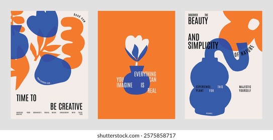 Retro quote template. Poster template vector in retro blue and orange. Abstract floral posters with bold colors. Creative with artistic floral elements. Vibrant floral vector poster template set. 