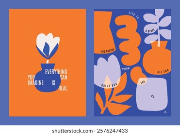 Retro quote template. Poster template vector in retro blue and orange. Abstract floral posters with bold colors. Creative with artistic floral elements. Vibrant floral vector poster template set. 