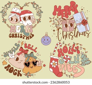 Retro Quotes for Christmas with Groovy Xmas Decorations and Santa's Gifts, Perfect Set for Graphic Designers