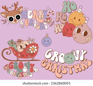 Retro Quotes for Christmas with Groovy Xmas Decorations and Santa's Gifts, Perfect Set for Graphic Designers