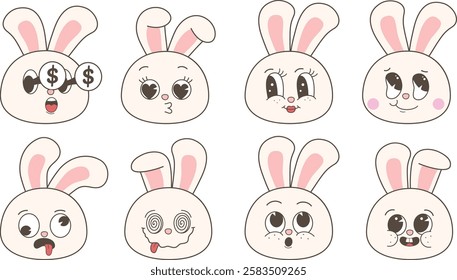 Retro Rabbit Bunny Emoji. Cute Easter bunnies head emoticons.