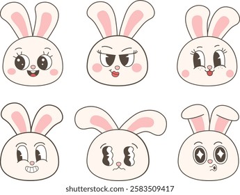 Retro Rabbit Bunny Emoji. Cute Easter bunnies head emoticons.