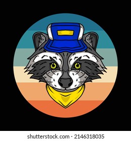 Retro Raccoon Wearing Hat and Bandana