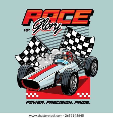 Retro race car with bold red stripe, checkered flags, and race for glory typography in cartoon illustration