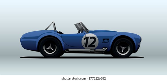 Retro race car in vector. Shown from the side with perspective.