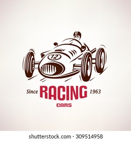 retro race car, vintage vector symbol, emblem, label template